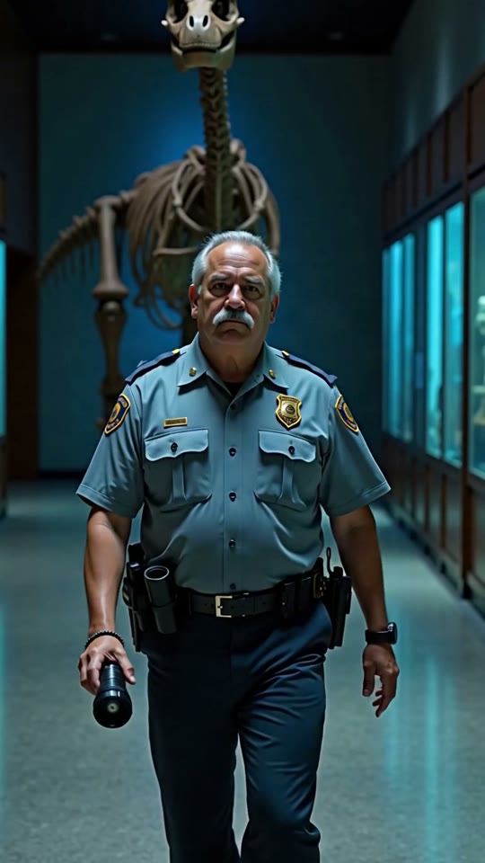 A night guard with a dinosaur skeleton behind him.